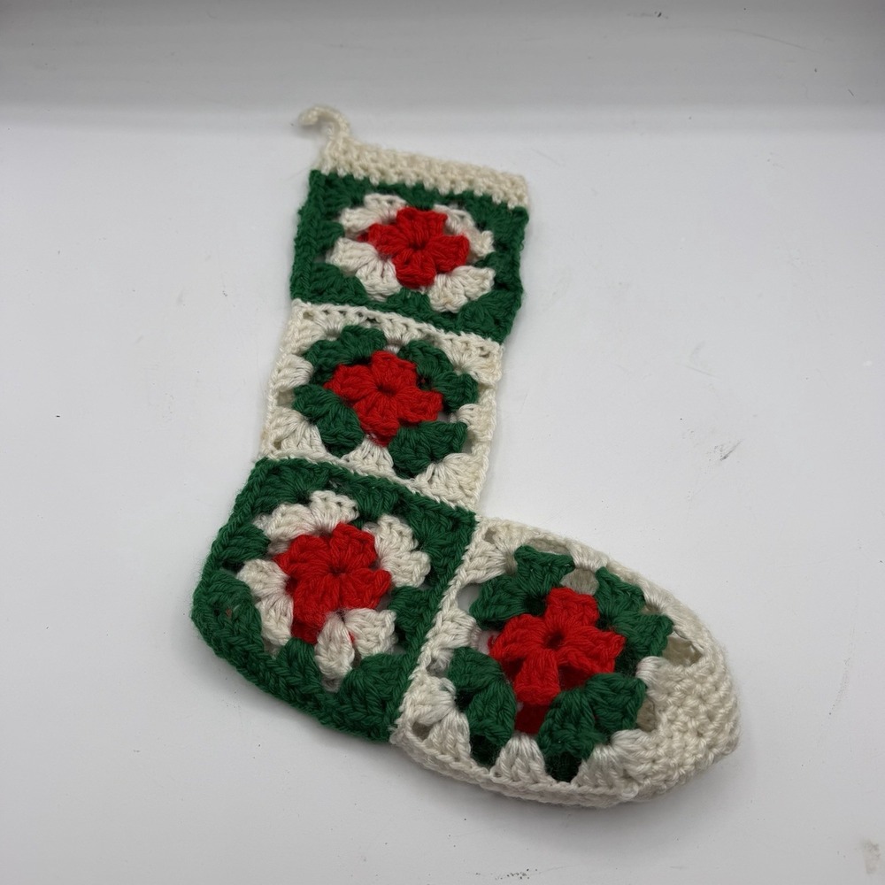 Vintage Knit Granny Square Christmas Stocking‎ Bootie White Red Green 12.5" Long
